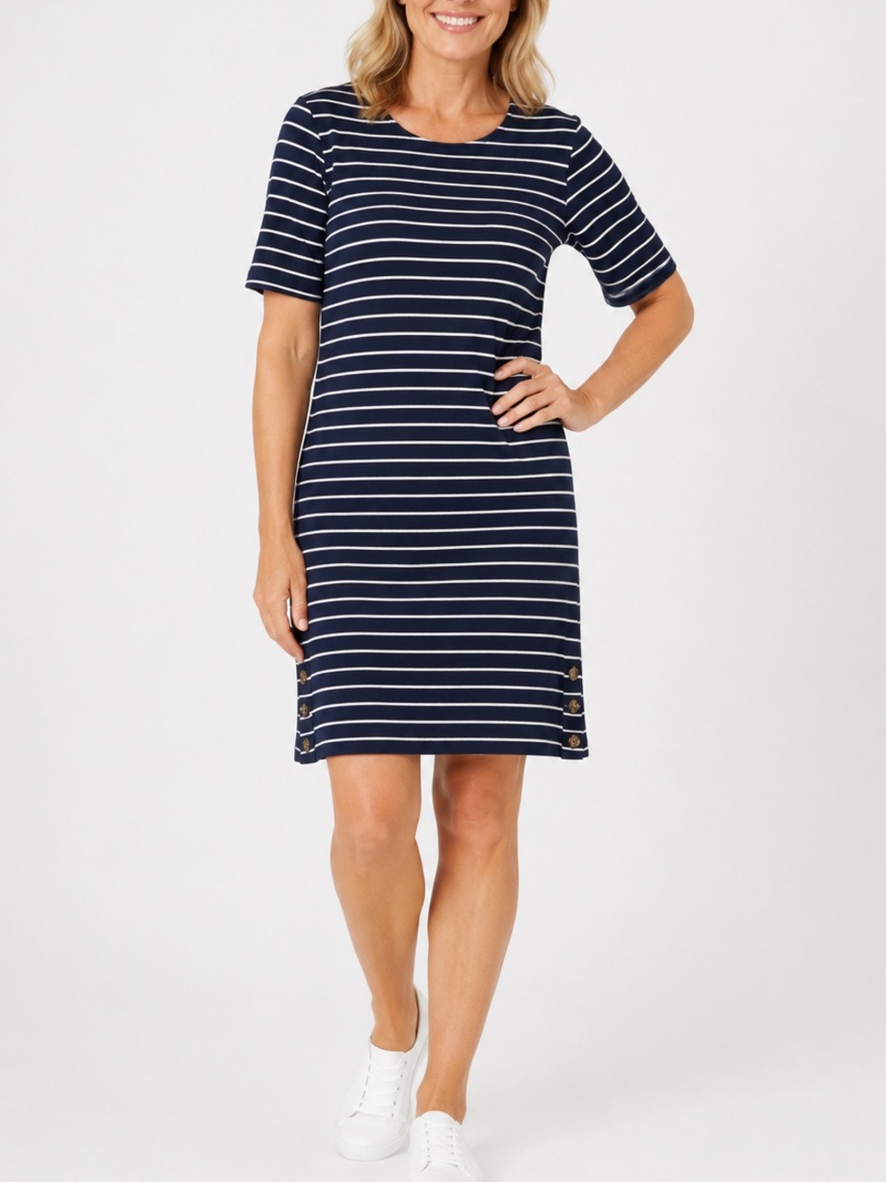 Chico’s Size 2 Navy White Striped Cotton Shift T-Shirt Dress Side Button Hem